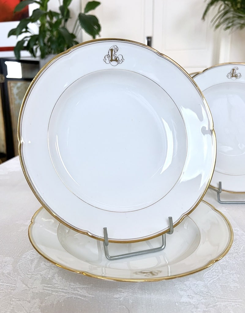 Série de 10 Assiettes à Potage Porcelaine de Limoges - Jean Pouyat - Monogrammes - Vieux Paris -photo-2