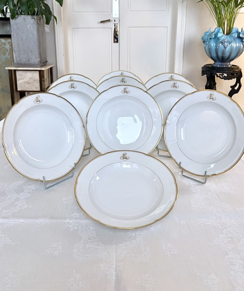 Série de 10 Assiettes à Potage Porcelaine de Limoges - Jean Pouyat - Monogrammes - Vieux Paris -photo-3