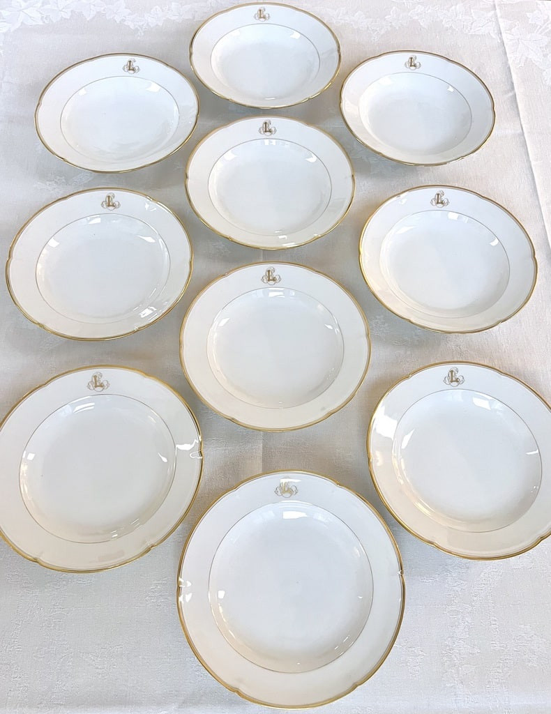 Série de 10 Assiettes à Potage Porcelaine de Limoges - Jean Pouyat - Monogrammes - Vieux Paris -photo-8