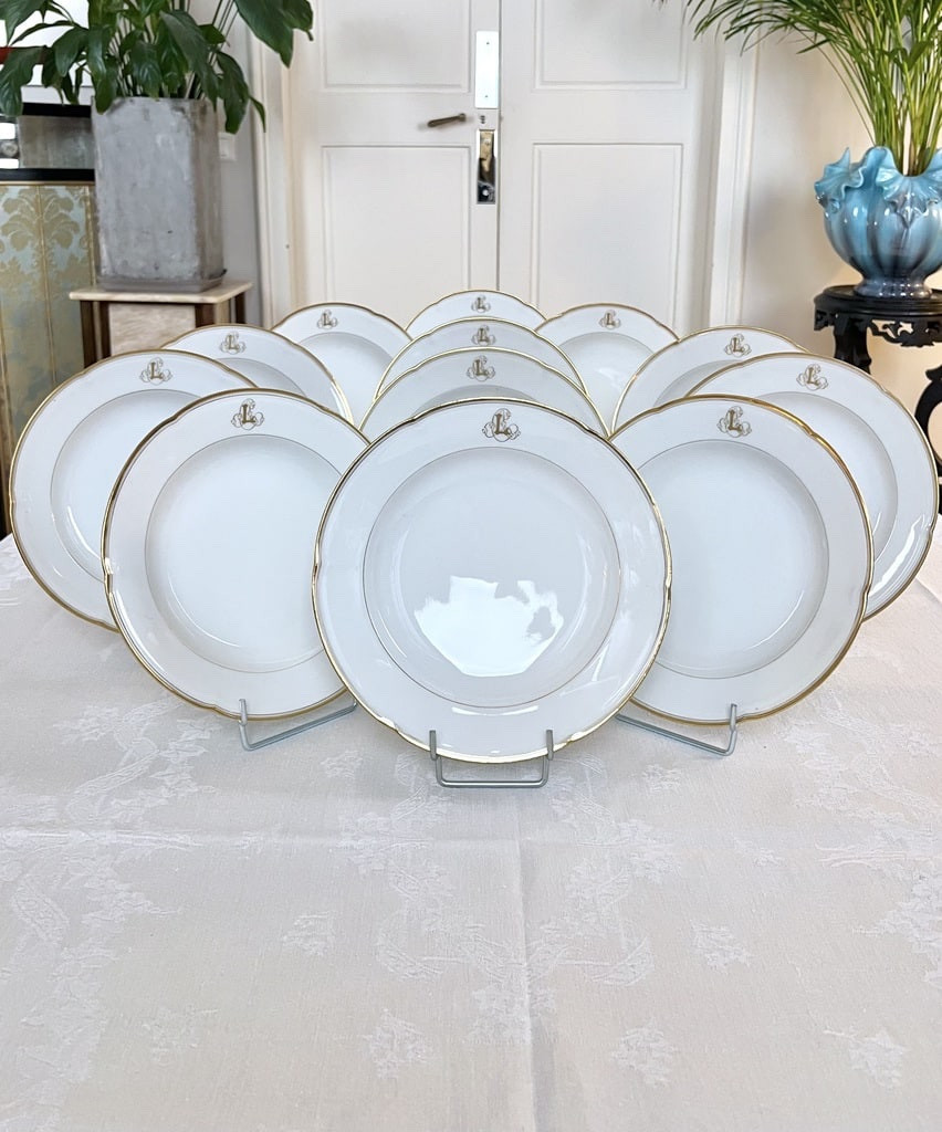 12 Monogrammed Soup Plates - Limoges Porcelain - Jean Pouyat - Vieux Paris-photo-2