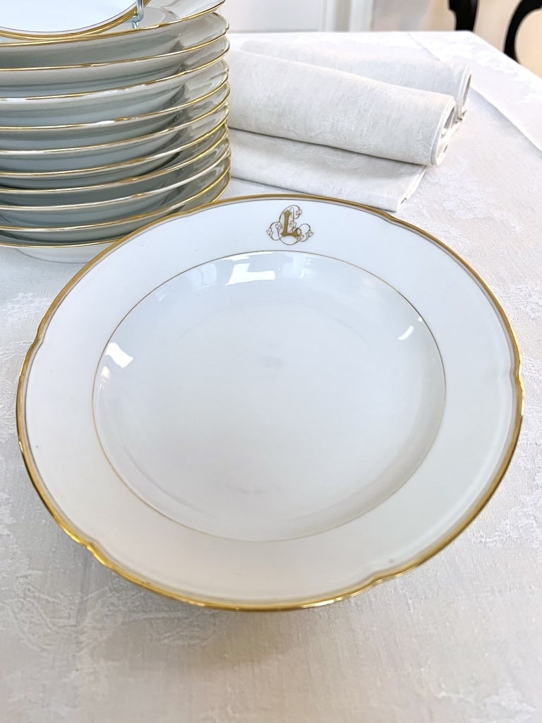12 Monogrammed Soup Plates - Limoges Porcelain - Jean Pouyat - Vieux Paris-photo-3