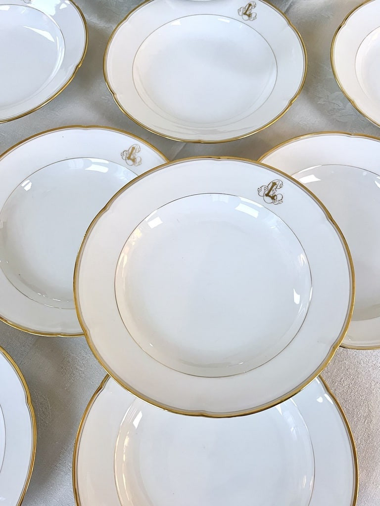 12 Monogrammed Soup Plates - Limoges Porcelain - Jean Pouyat - Vieux Paris-photo-2