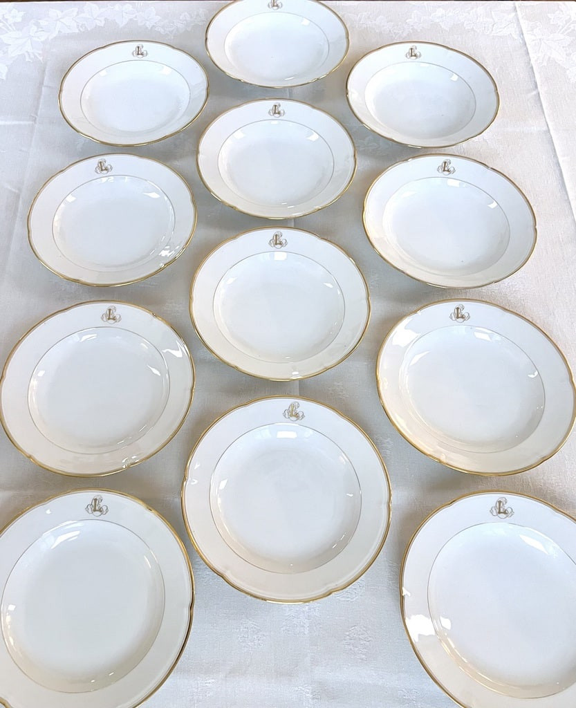 12 Monogrammed Soup Plates - Limoges Porcelain - Jean Pouyat - Vieux Paris-photo-3
