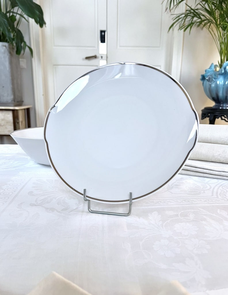 Porcelain Salad Bowl And Cake Plate With Platinum Mesh Decoration - Vintage 1970-photo-3