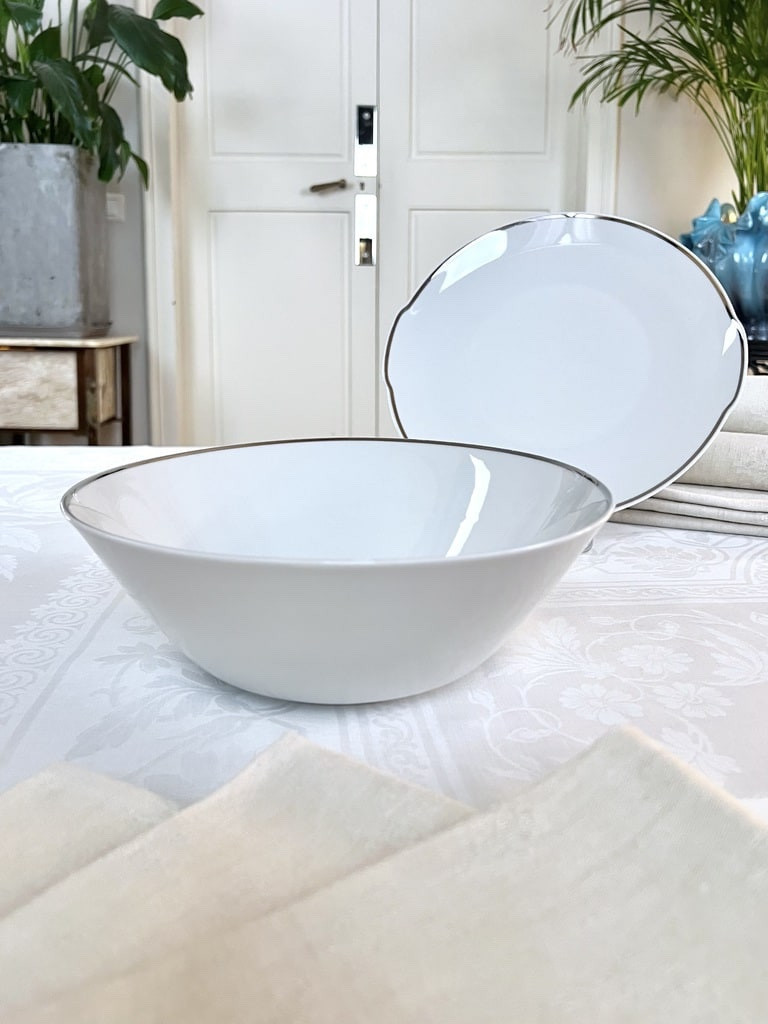 Porcelain Salad Bowl And Cake Plate With Platinum Mesh Decoration - Vintage 1970