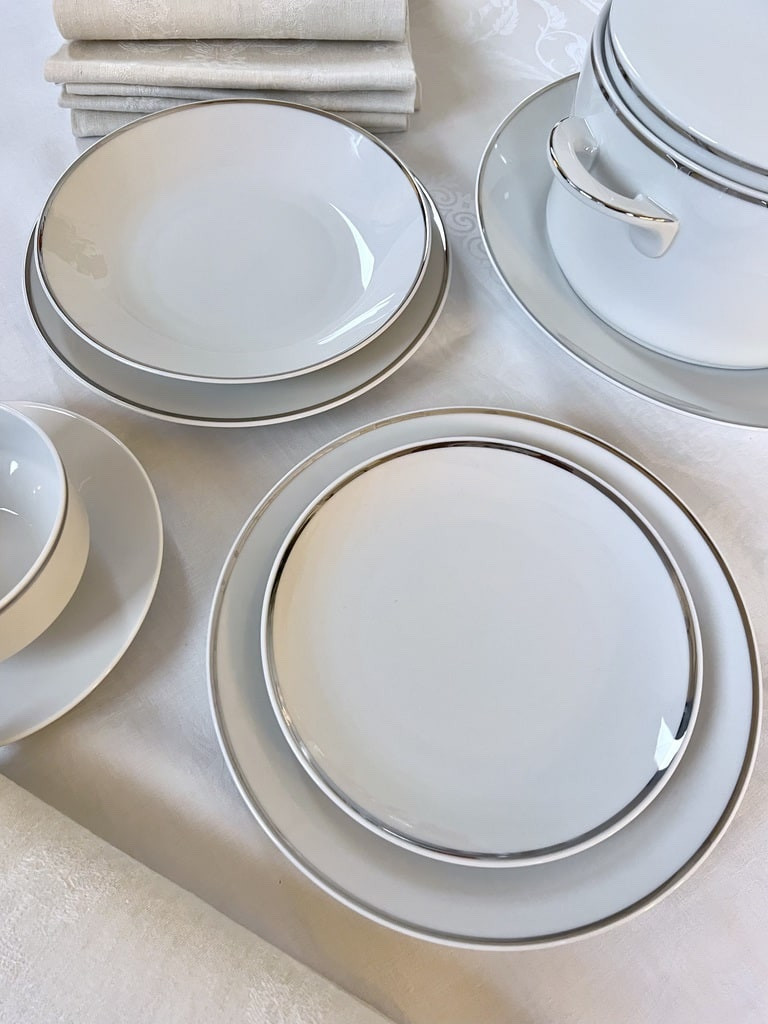 Soupière et Plat Porcelaine Filet Platine - Service De Table Vintage 1970-photo-6
