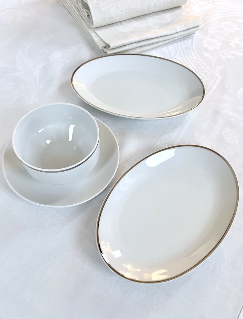 Saucière et Raviers Porcelaine Décor Filet Platine - Service De Table Vintage 1970-photo-2