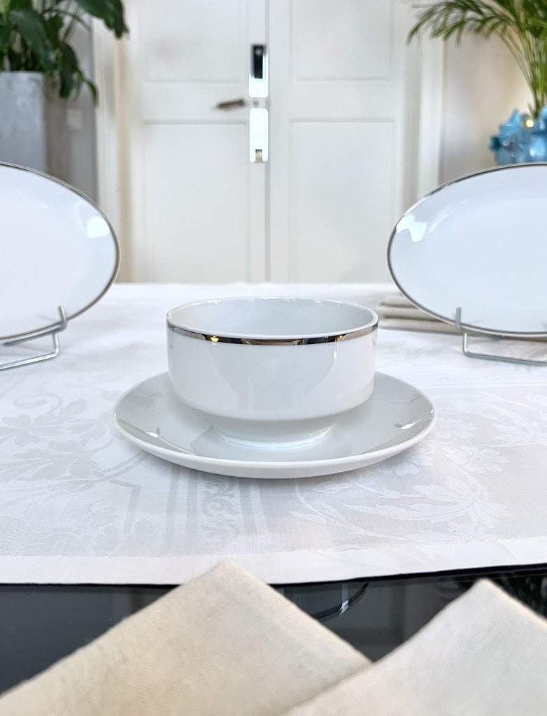 Saucière et Raviers Porcelaine Décor Filet Platine - Service De Table Vintage 1970-photo-3