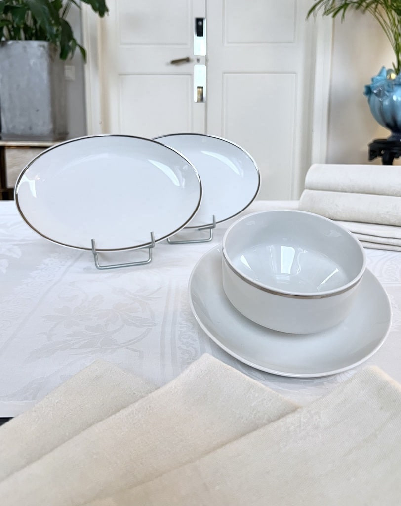 Saucière et Raviers Porcelaine Décor Filet Platine - Service De Table Vintage 1970