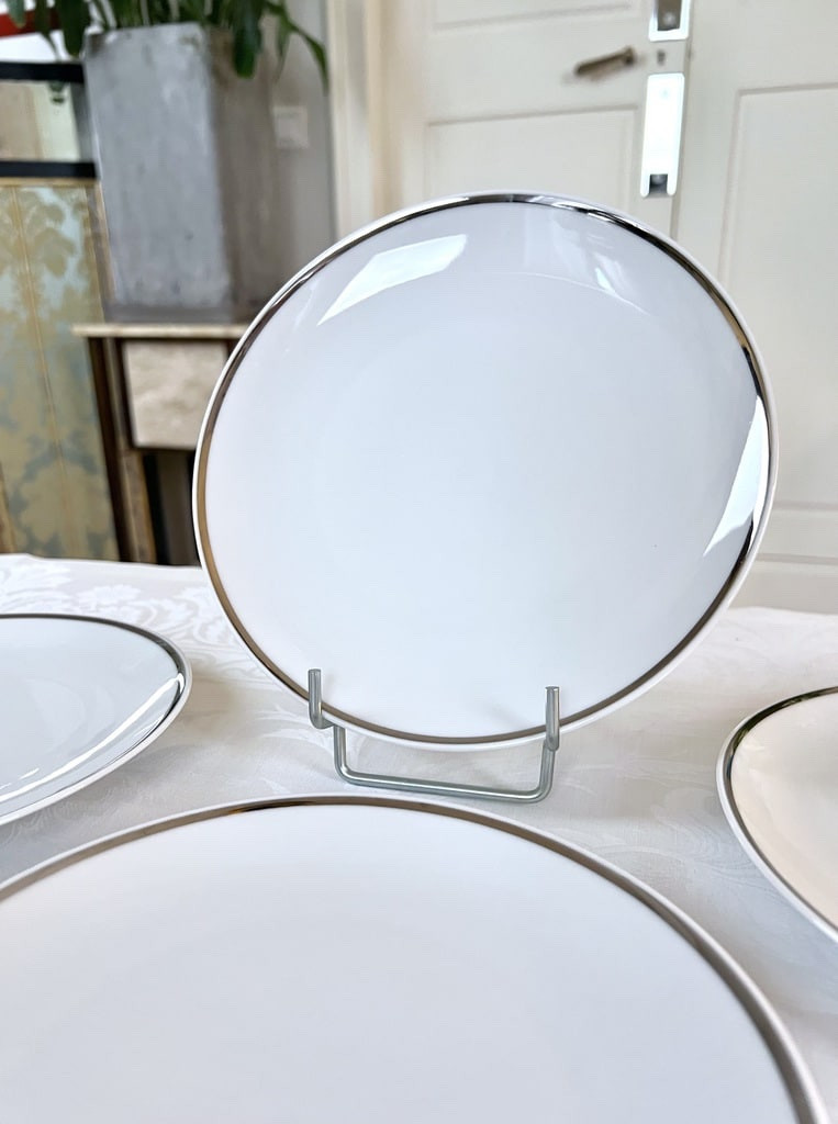 White Porcelain Dessert Plates With Platinum Rim - Vintage 1970s Style Dinner Service-photo-6