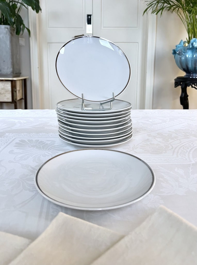 White Porcelain Dessert Plates With Platinum Rim - Vintage 1970s Style Dinner Service