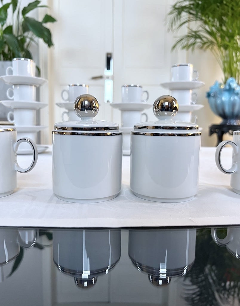 Service à Café Vintage - Porcelaine Filets Platine - Sucriers - Crémiers - Verseuse - 15 Tasses-photo-2