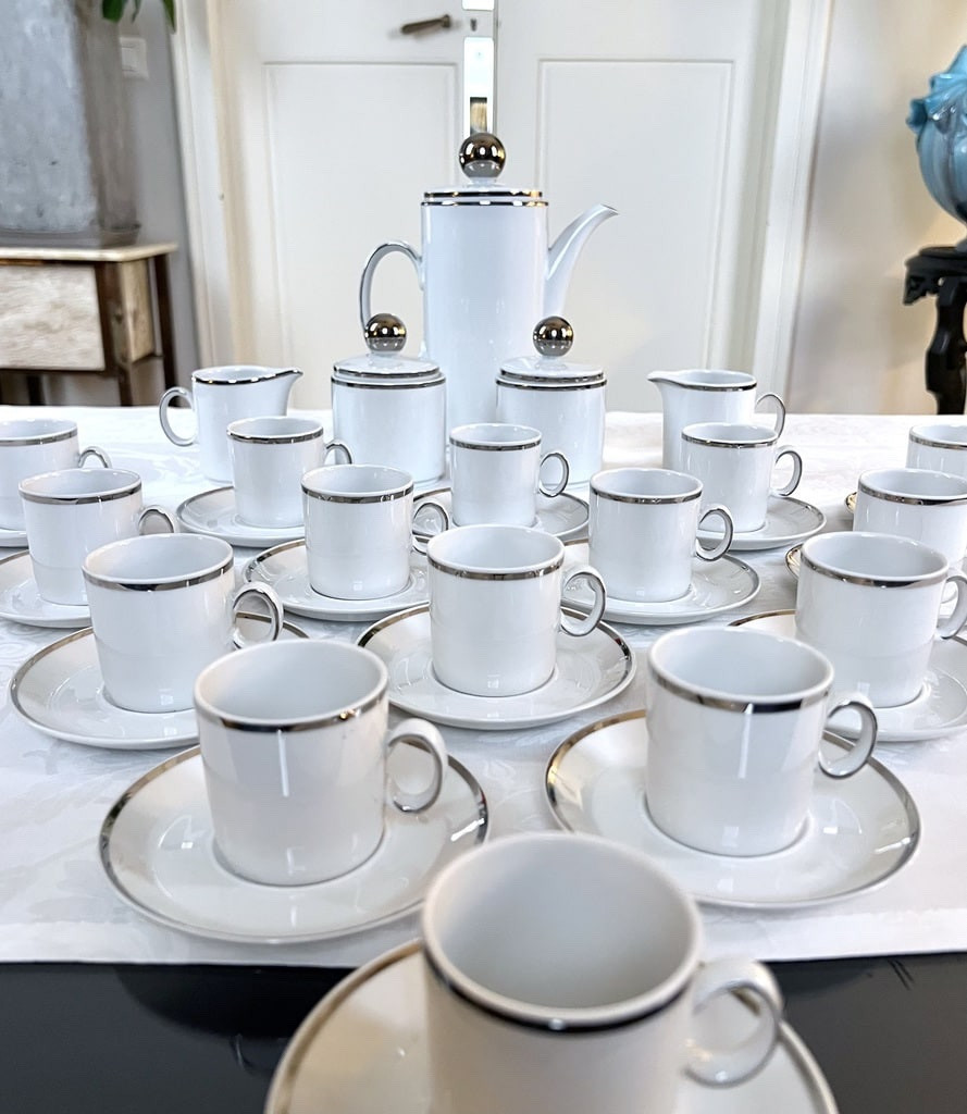 Service à Café Vintage - Porcelaine Filets Platine - Sucriers - Crémiers - Verseuse - 15 Tasses-photo-3