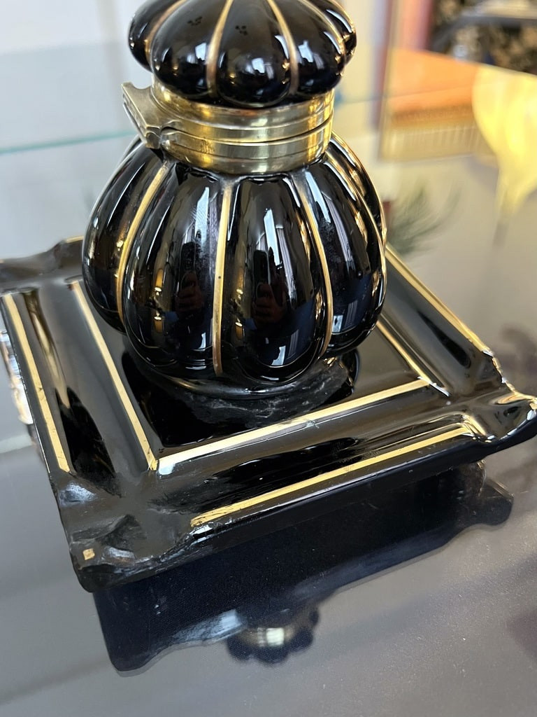 Porcelain Inkwell - Pen Holder Tray With Brass Hinge - Art Deco 1930-40-photo-3