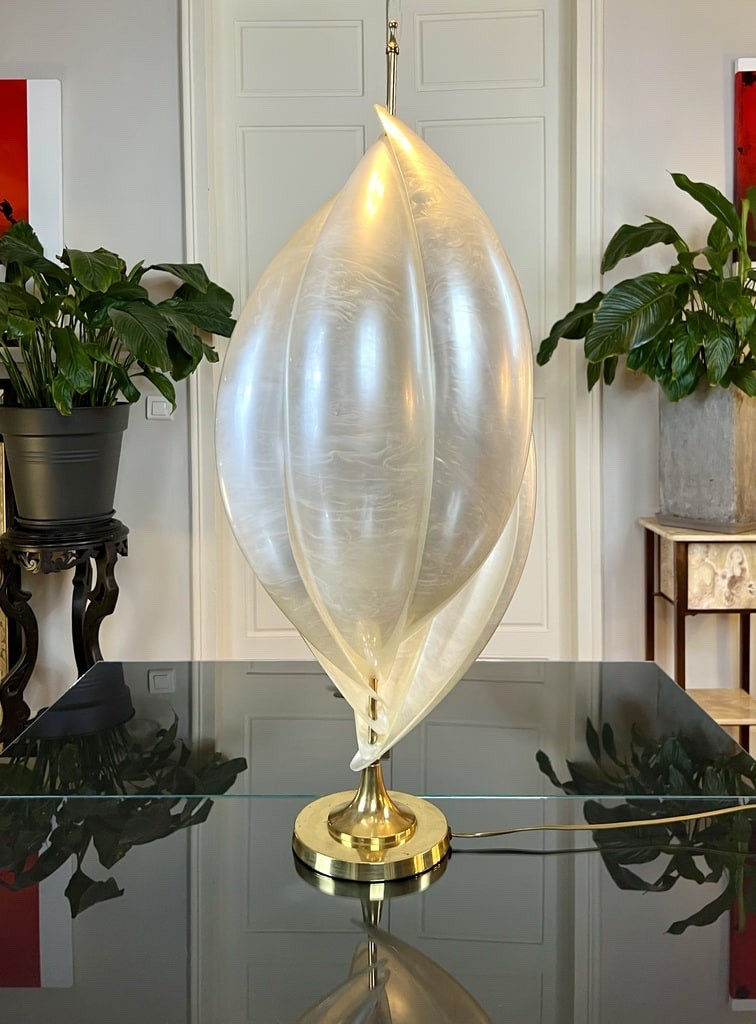 Lampe vintage en laiton verre acrylique nacré - Laurent Rougier-photo-1