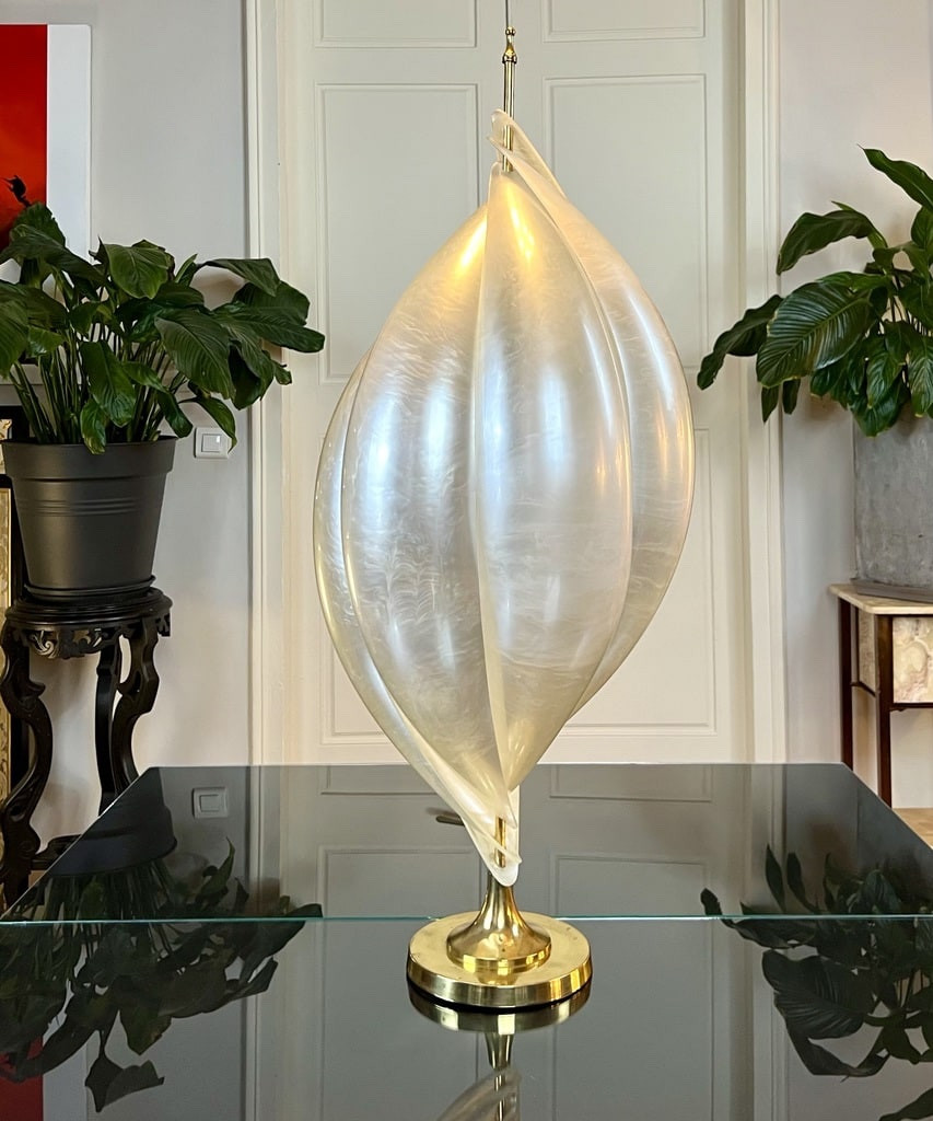 Lampe vintage en laiton verre acrylique nacré - Laurent Rougier