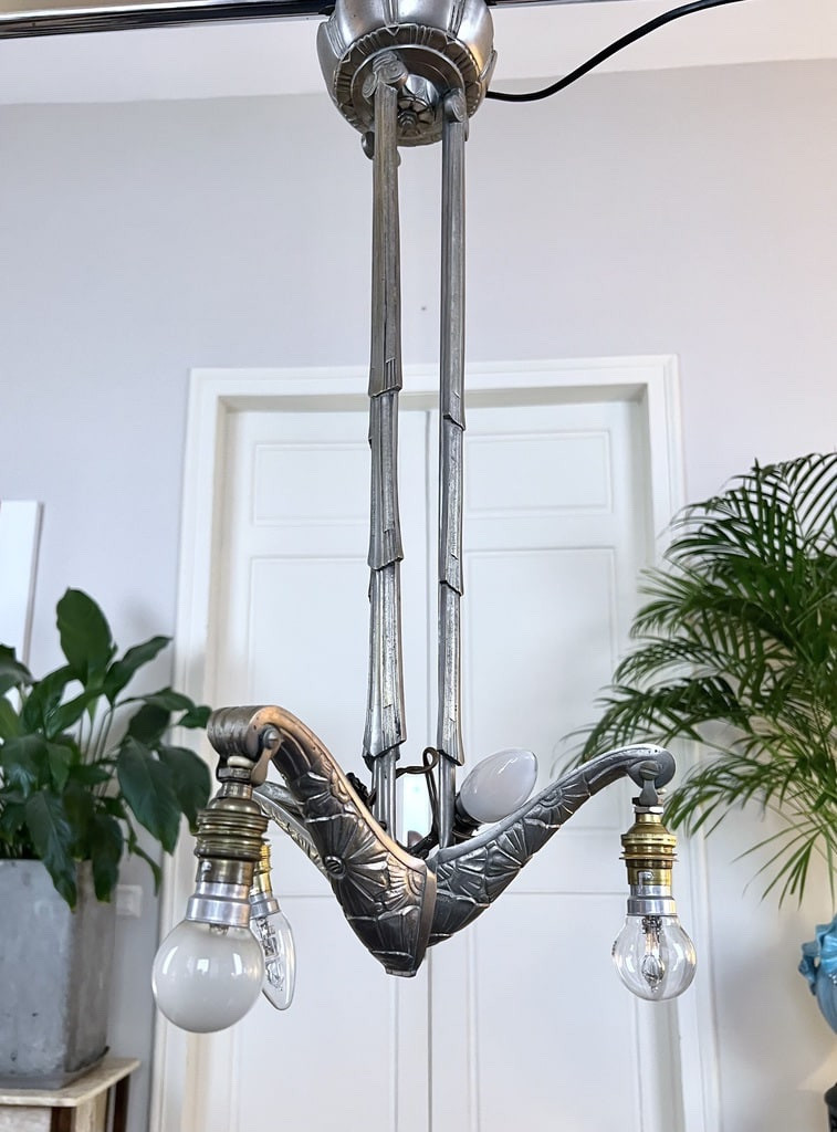 Art Deco Nickel Bronze Chandelier - Light Fixture Mount-photo-5