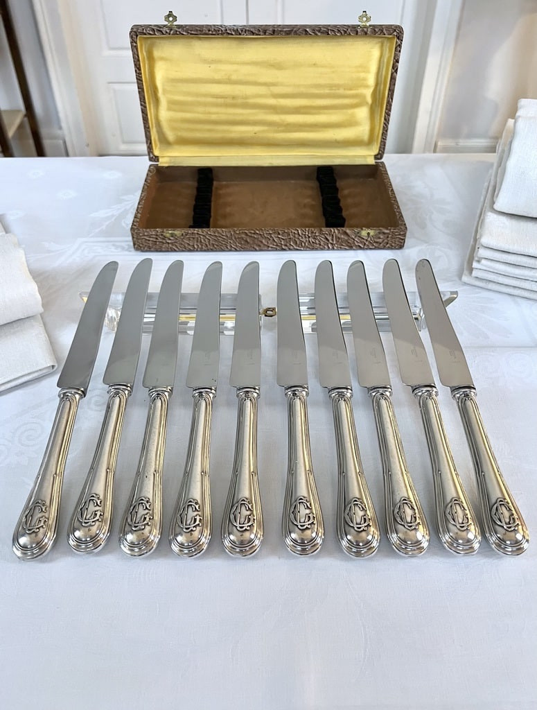 Couteaux argent fourré et monogrammes - lames inox - Emile Puiforcat -photo-5