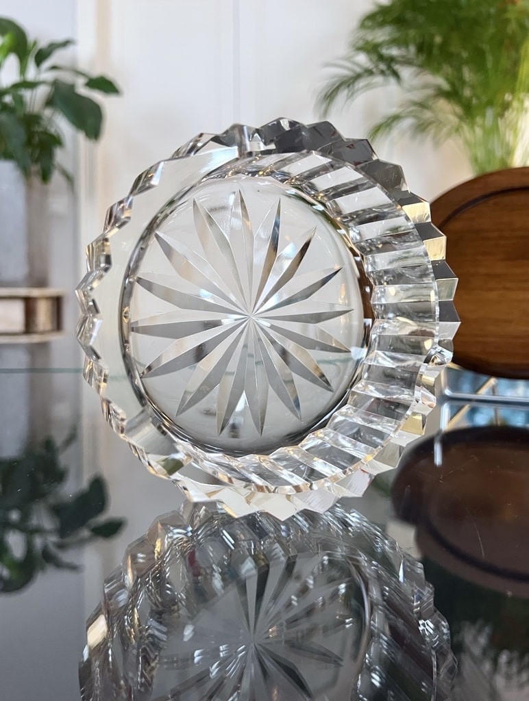 Art Deco Modernist Ashtray In Cut Crystal - Wood And Ivory Tray-photo-2