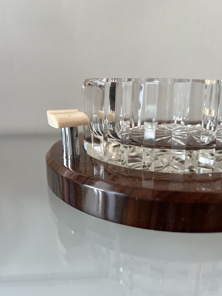 Art Deco Modernist Ashtray In Cut Crystal - Wood And Ivory Tray-photo-4