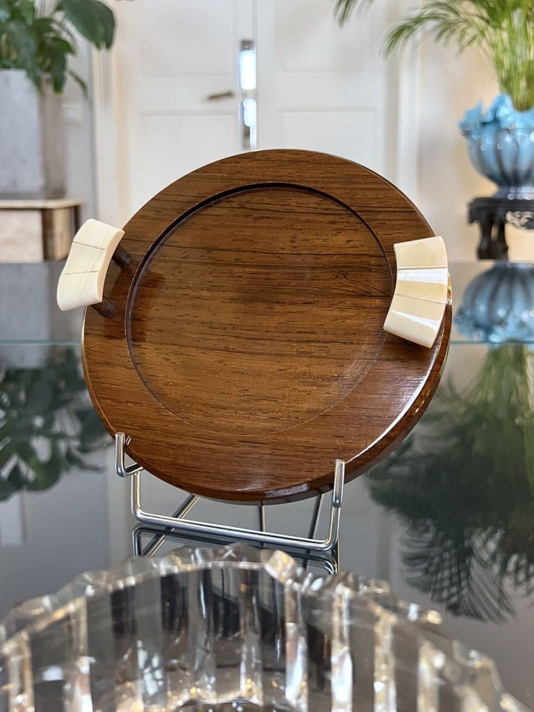 Art Deco Modernist Ashtray In Cut Crystal - Wood And Ivory Tray-photo-6