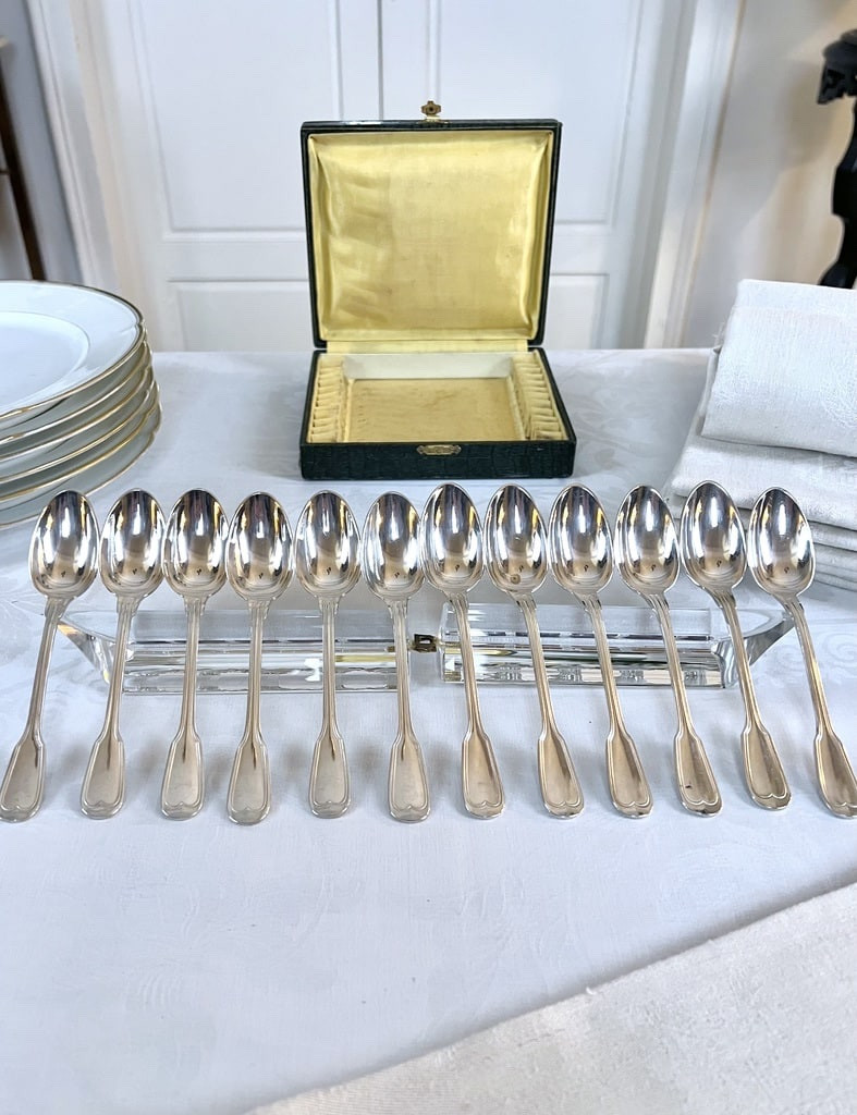 Cuillères à Dessert En Métal Blanc Modèle Aux Filets - Coffret Couverts -photo-2