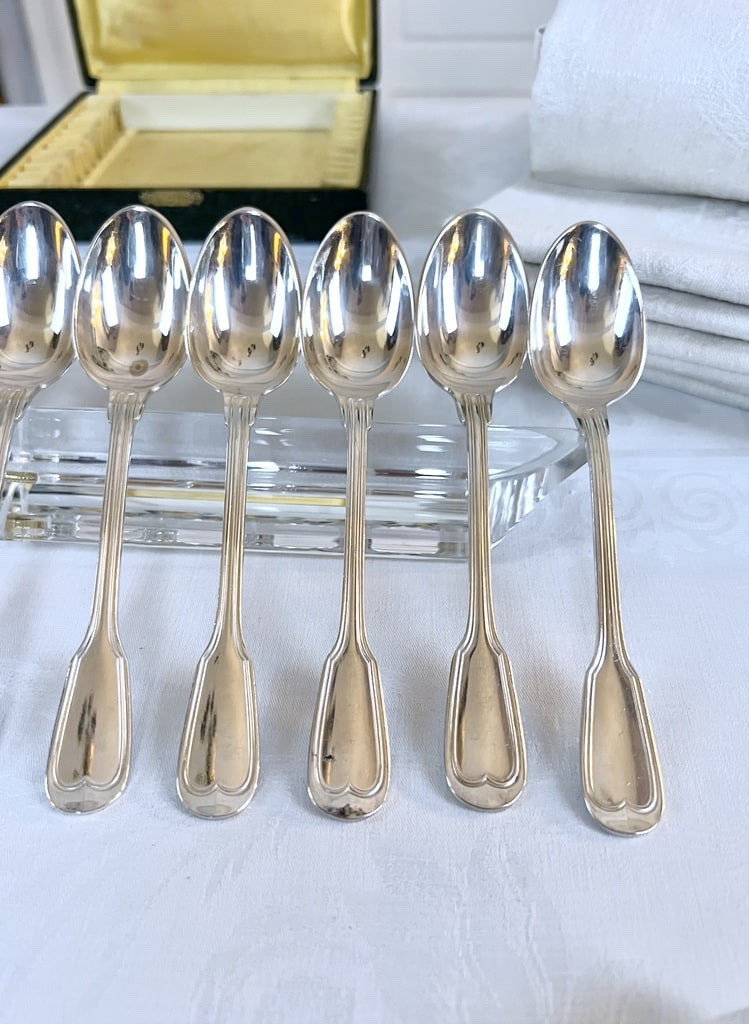 Cuillères à Dessert En Métal Blanc Modèle Aux Filets - Coffret Couverts -photo-6