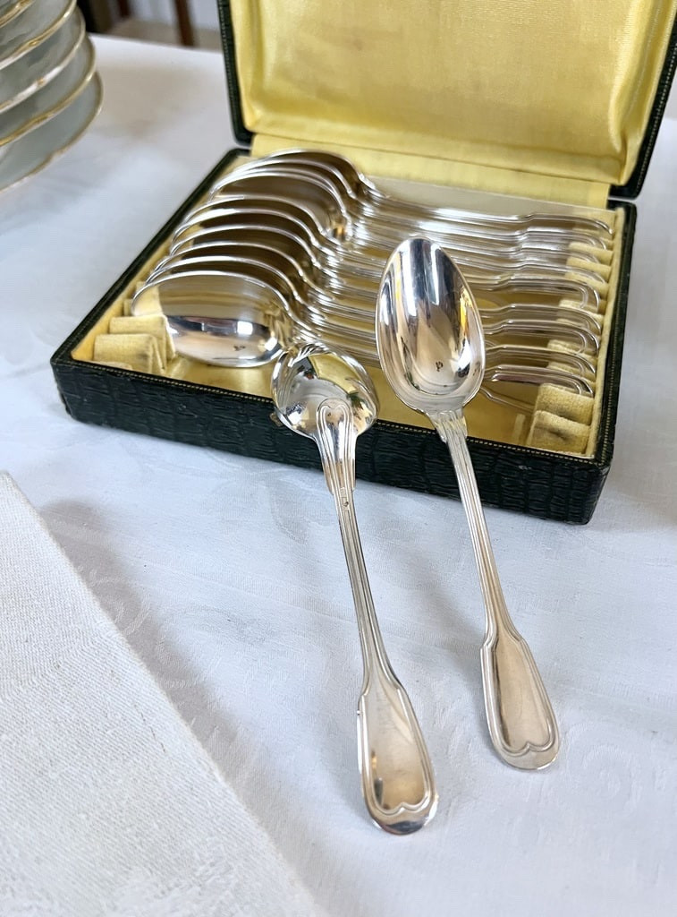 Cuillères à Dessert En Métal Blanc Modèle Aux Filets - Coffret Couverts -photo-7