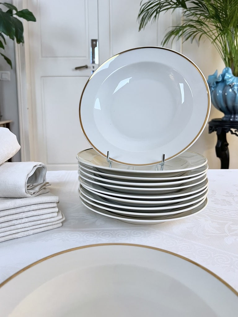 Assiettes Creuses Art Déco - Porcelaine Filet Or - Service Assiettes à Potage