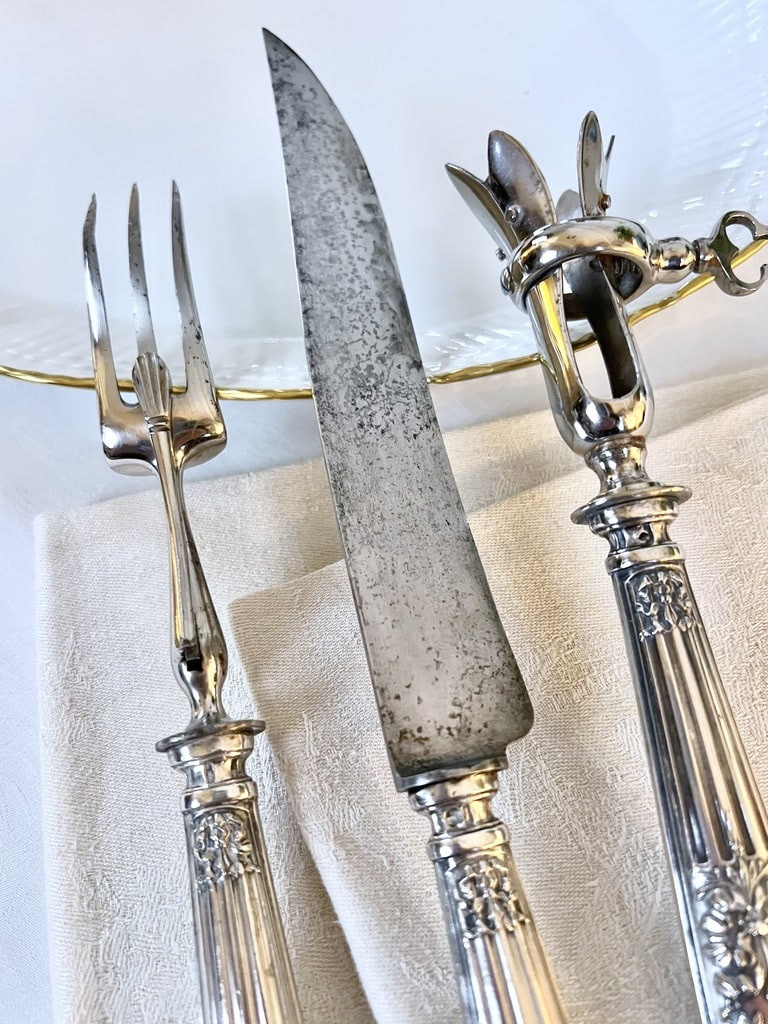 Couverts de Service Découpe - Manches Argent Style Louis XVI - Fourchette Couteau Manche Gigot-photo-1