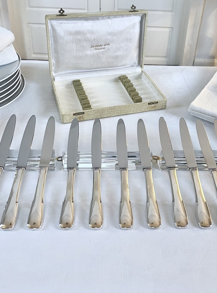 Couteaux à entremets vintage en métal argenté et inox - Coffret -photo-5