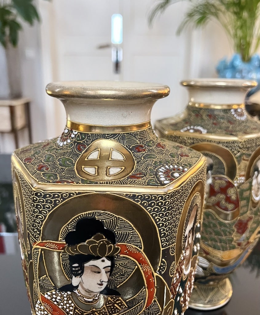 Satsuma Japanese Vases - Polychrome Glazed Earthenware - Late 19th/early 20th Century-photo-3