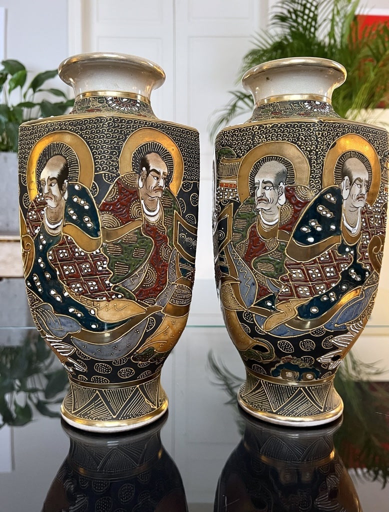 Satsuma Japanese Vases - Polychrome Glazed Earthenware - Late 19th/early 20th Century-photo-4