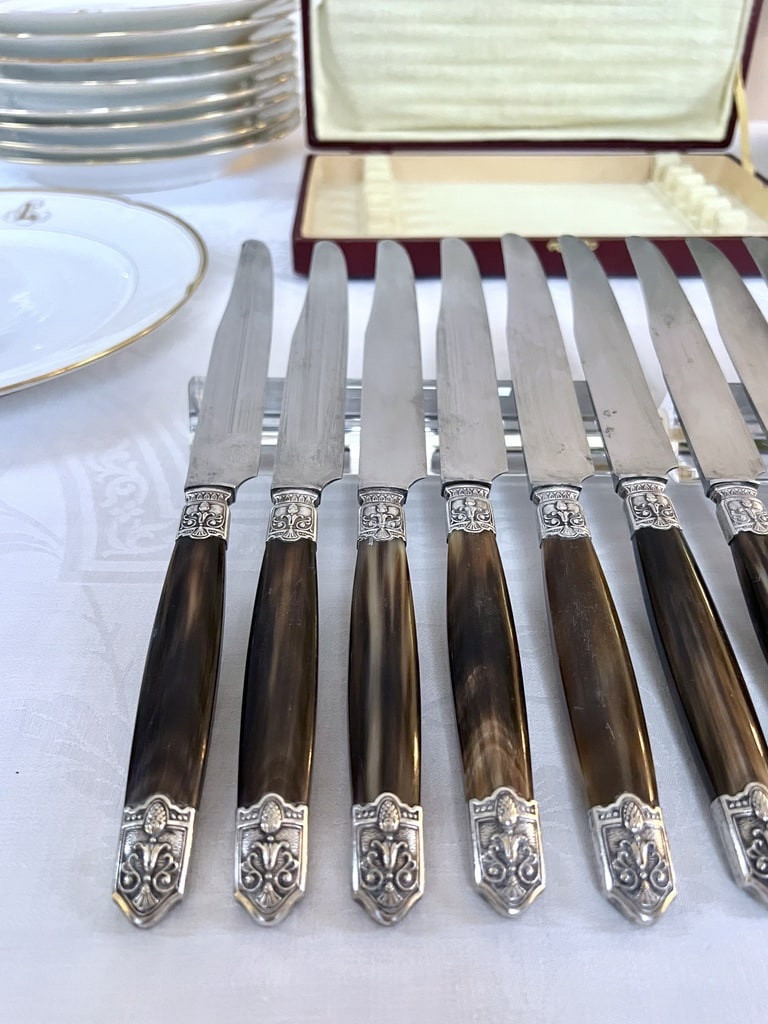 Art Deco Knives - Bovine Horn And Silver-plated Metal Handles - Gift Box-photo-2