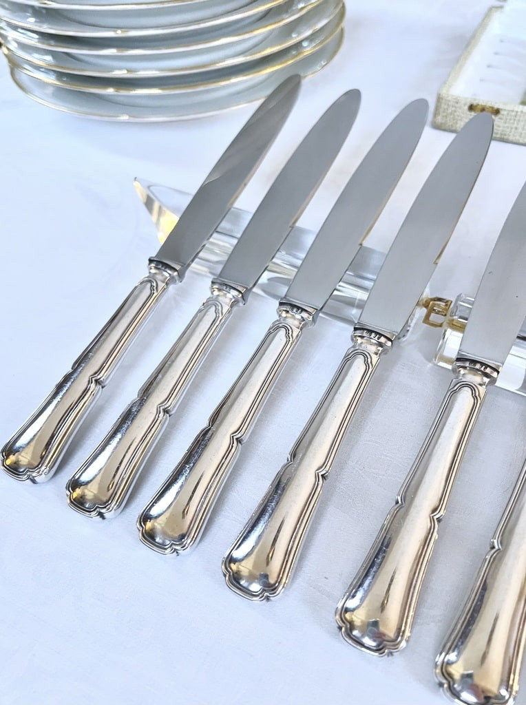 Couteaux manches métal argenté lames inox - Vintage - Coffret-photo-7