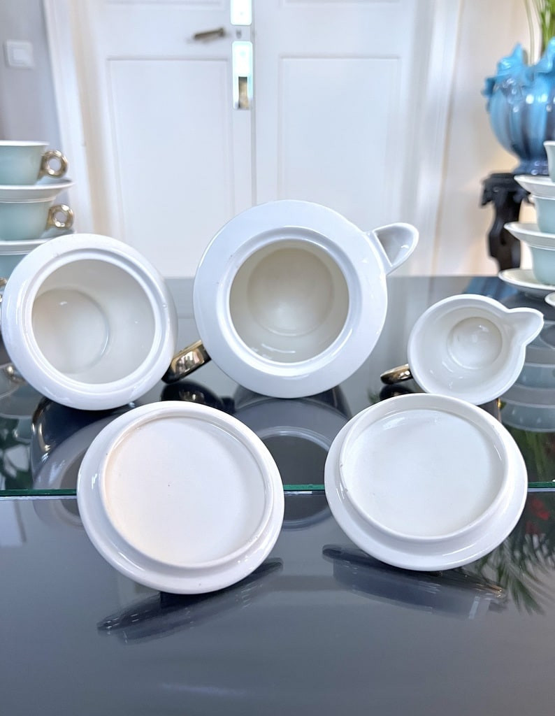 Digoin Sarreguemines Earthenware Tea And Coffee Set - Art Deco - Cups Teapot Sugar Bowl-photo-2