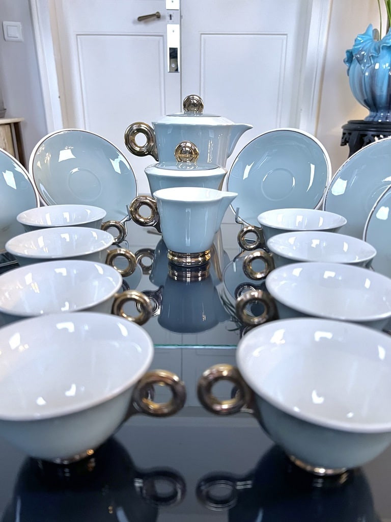 Digoin Sarreguemines Earthenware Tea And Coffee Set - Art Deco - Cups Teapot Sugar Bowl-photo-5