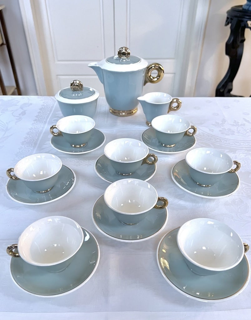 Digoin Sarreguemines Earthenware Tea And Coffee Set - Art Deco - Cups Teapot Sugar Bowl-photo-6