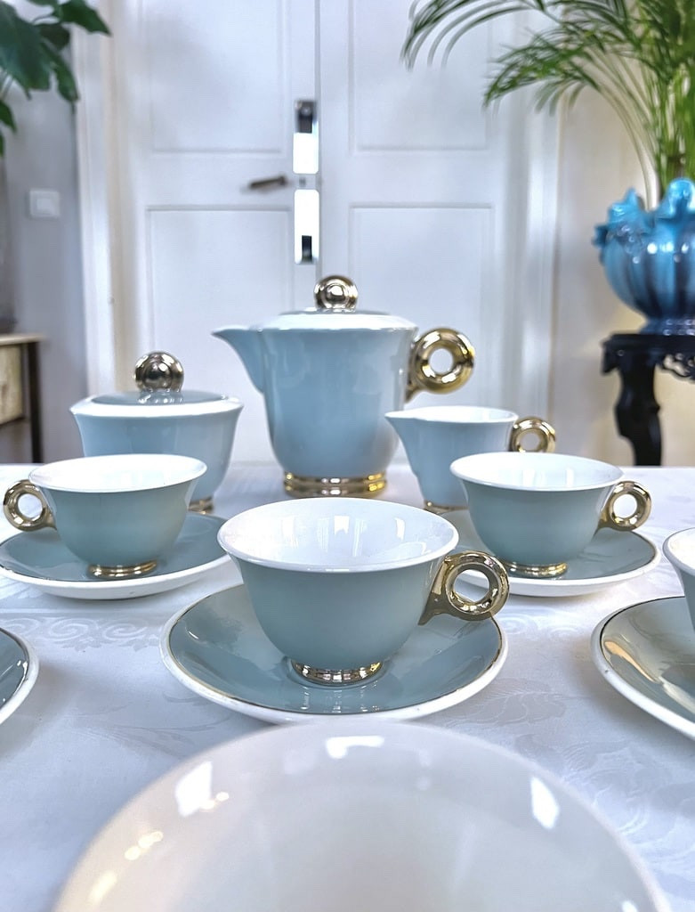 Digoin Sarreguemines Earthenware Tea And Coffee Set - Art Deco - Cups Teapot Sugar Bowl