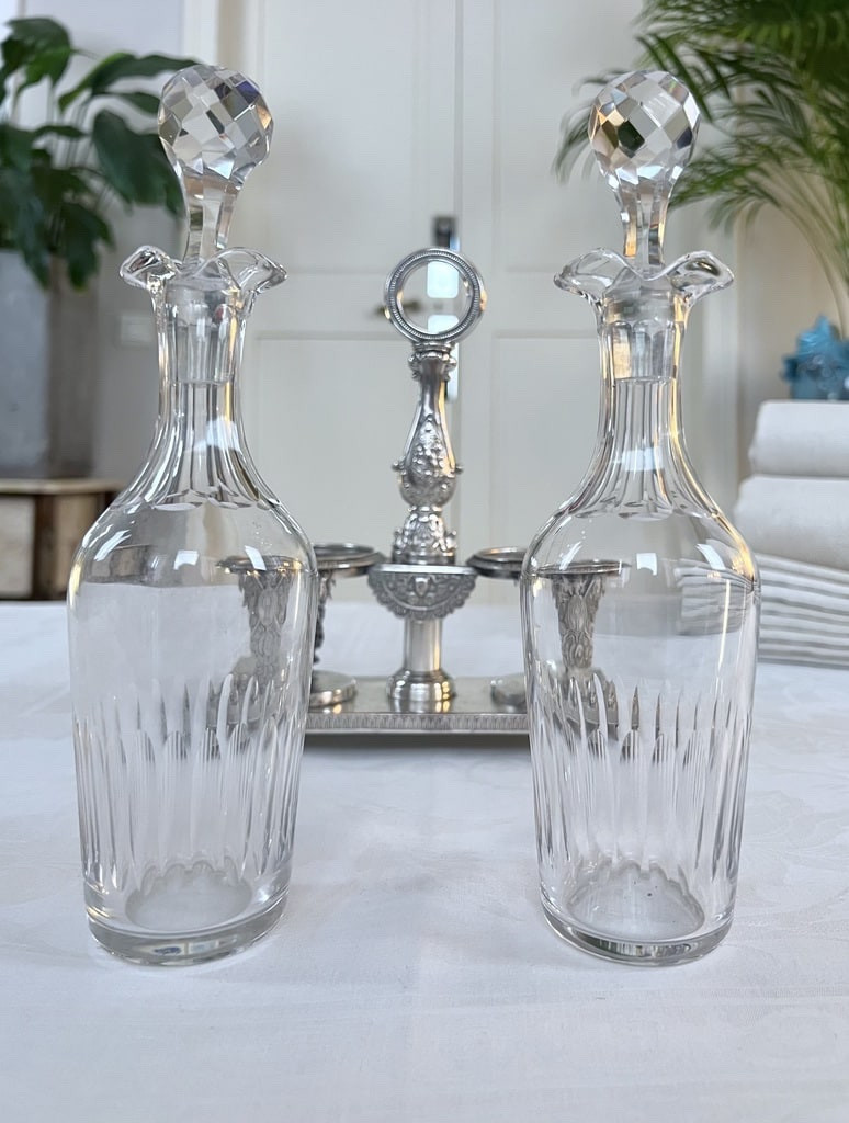 Serviteur huile vinaigre en régule argenté - Huilier Vinaigrier Flacons en verre-photo-3
