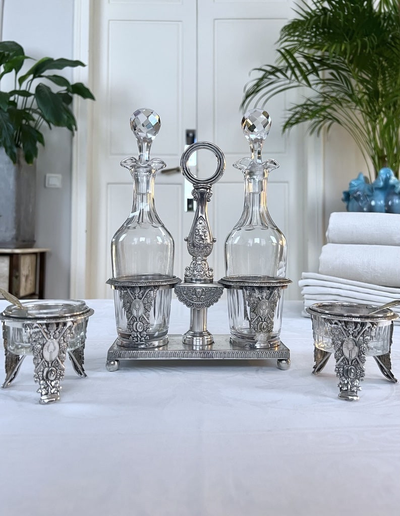 Serviteur huile vinaigre en régule argenté - Huilier Vinaigrier Flacons en verre-photo-4