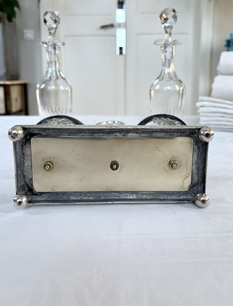 Serviteur huile vinaigre en régule argenté - Huilier Vinaigrier Flacons en verre-photo-5
