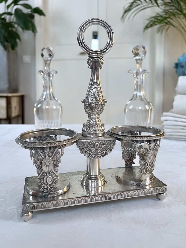 Serviteur huile vinaigre en régule argenté - Huilier Vinaigrier Flacons en verre-photo-6