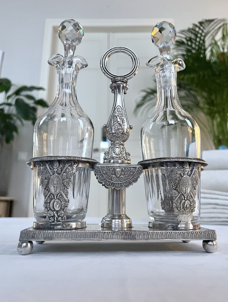 Serviteur huile vinaigre en régule argenté - Huilier Vinaigrier Flacons en verre-photo-7
