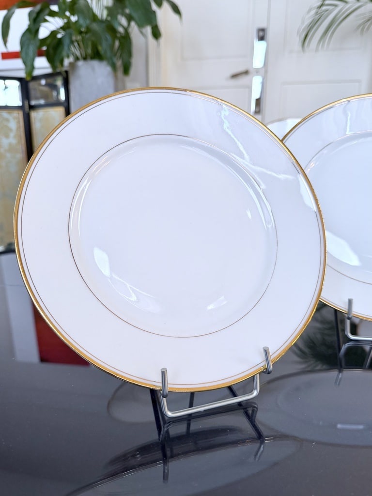 Assiettes plates en porcelaine blanche filets à l'or fin - Cirot Gadouin - 20e siècle-photo-2