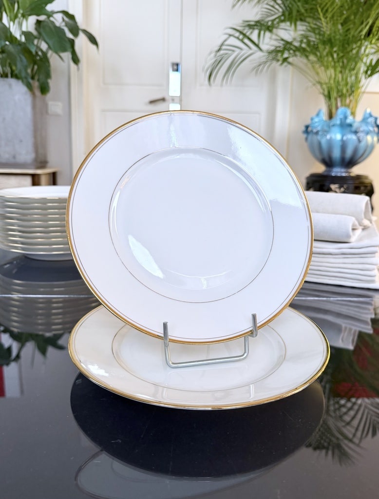 Assiettes plates en porcelaine blanche filets à l'or fin - Cirot Gadouin - 20e siècle-photo-6