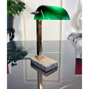 Lampe De Bureau Vintage En Métal Chromé Et Opaline Verte