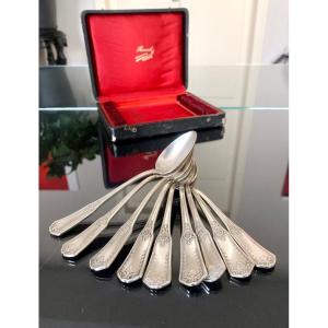 Dessert Spoons In Silver Metal Housed In Their Box