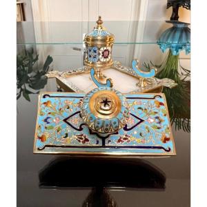 Inkwell Pen Holder And Blotting Pad - Cloisonné Enameled Bronze 