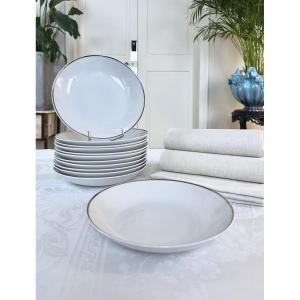 Assiettes Potage Porcelaine Filet Platine - Service de Table Vintage